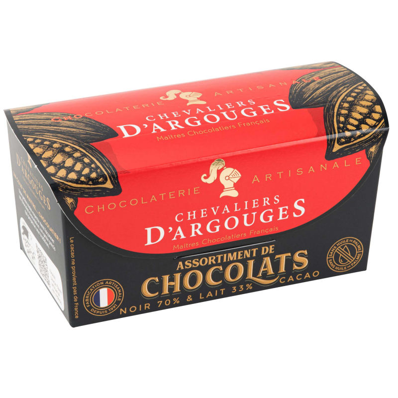 CHEVALIERS D'ARGOUGES Maîtres Chocolatiers Français - Assortiment de  pralinés chocolat lait 33% - Ballotin Dégustation 185g : : Epicerie